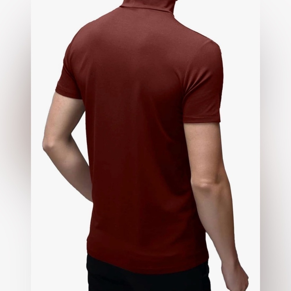 Mens T Shirt Short Sleeve Basic Mock/Turtleneck Slim Fit Undershirt in Wine Red - Picture 3 of 5
